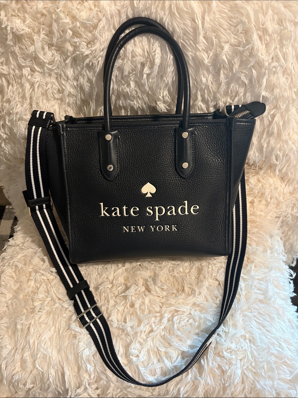 kate spade Ella Black Pebble Leather Satchel w/ Striped Strap. 11x8x5 w/dustbag